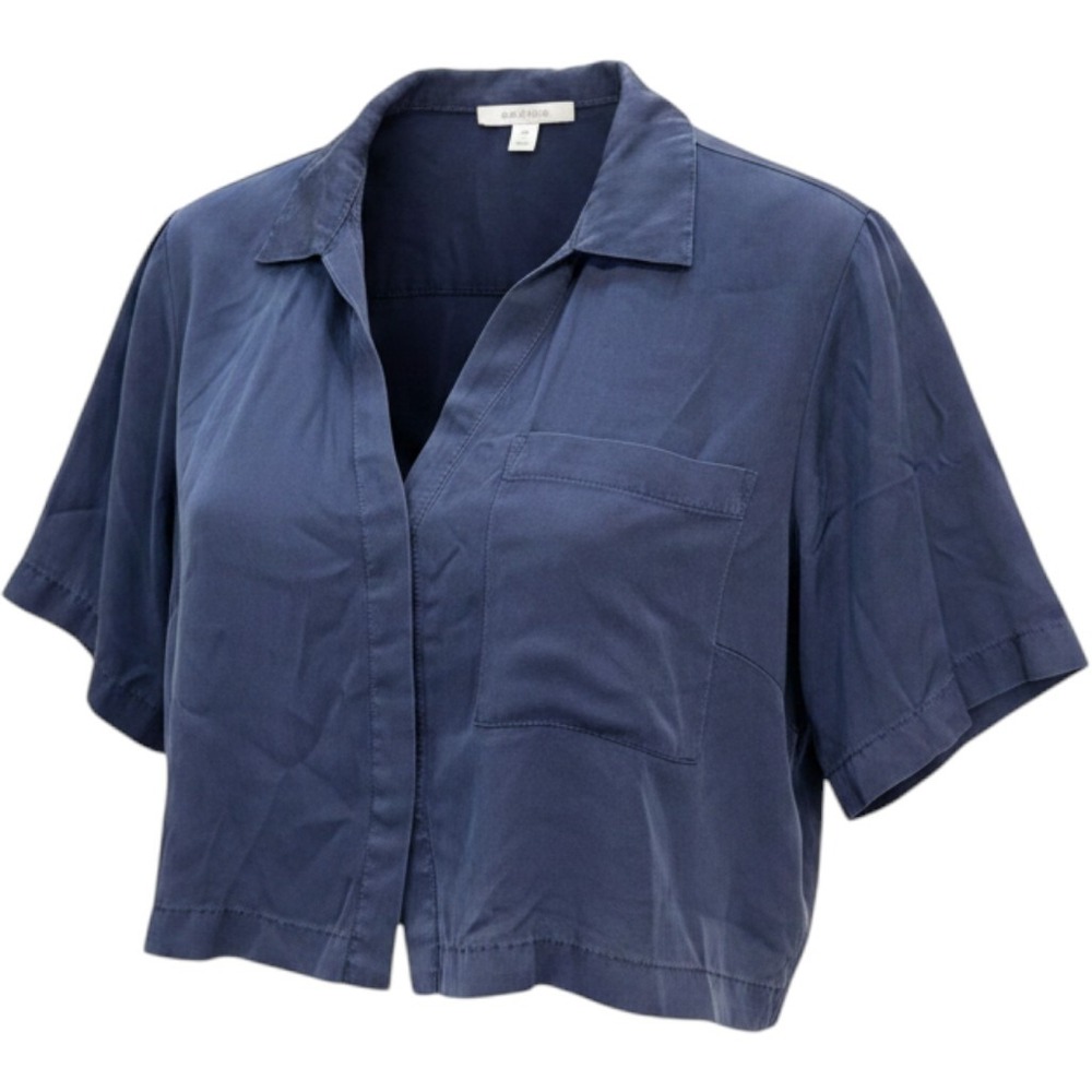 Lunya Washable Silk Button Down Shirt Navy Blue Cropped Short Sleeve Small
